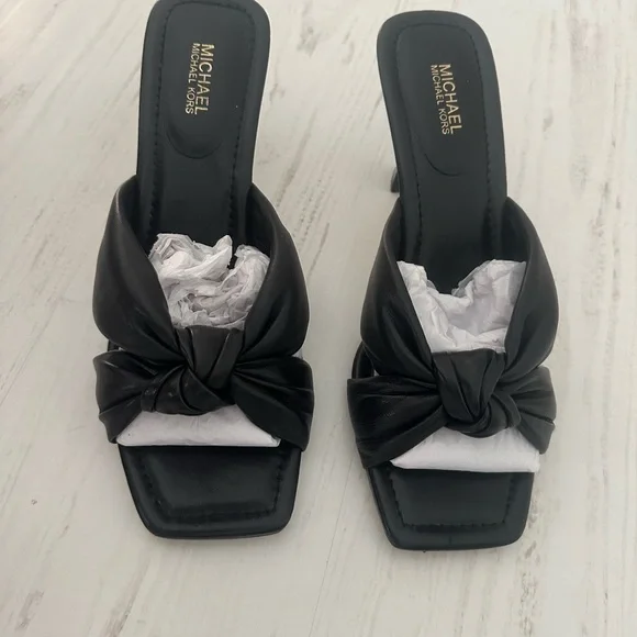 Michael Kors Elena Leather Sandal Black Kitten Heel with Elegant Knot Detail - Picture 2 of 11